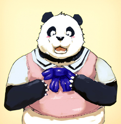 anthro belly black_body black_fur blush clothing fur kemono overweight overweight_anthro shirt simple_background solo topwear white_body white_fur yamacha012 tekken panda_(tekken) bear giant_panda mammal 2008 low_res