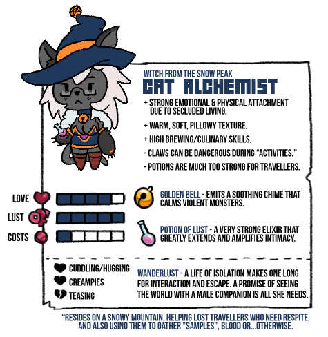 :< anthro bell black_body black_fur breasts cleavage clothed clothing eyewear female fur glasses hair hat headgear headwear heart_symbol magic_user potion solo text white_hair witch witch_hat conditional_dnp teckworks towergirls cat_alchemist leskaviene domestic_cat felid feline felis mammal 2018 english_text low_res model_sheet