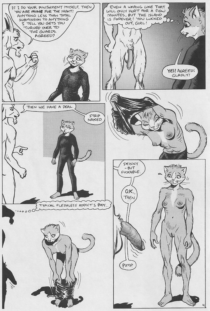 anthro balls breasts clothing duo female flaccid genitals half-erect horn male nude penis profanity pussy text undressing karno doctor_dee bovid caprine domestic_cat felid feline felis goat mammal 2004 comic english_text monochrome