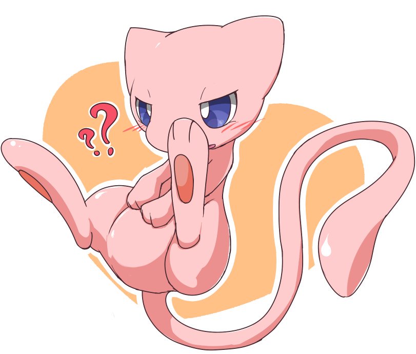 ambiguous_gender blue_eyes blush blush_lines featureless_crotch fur pink_body pink_fur question_mark simple_background solo tail mei_(artist) nintendo pokemon generation_1_pokemon legendary_pokemon mew_(pokemon) pokemon_(species) 2016