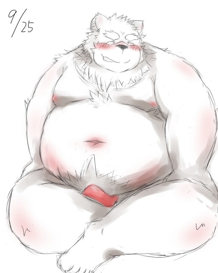 anthro belly blush bulge clothing eyes_closed kemono male moobs nipples overweight overweight_anthro overweight_male simple_background sitting solo underwear white_background ibuki_haruno bear mammal 2012