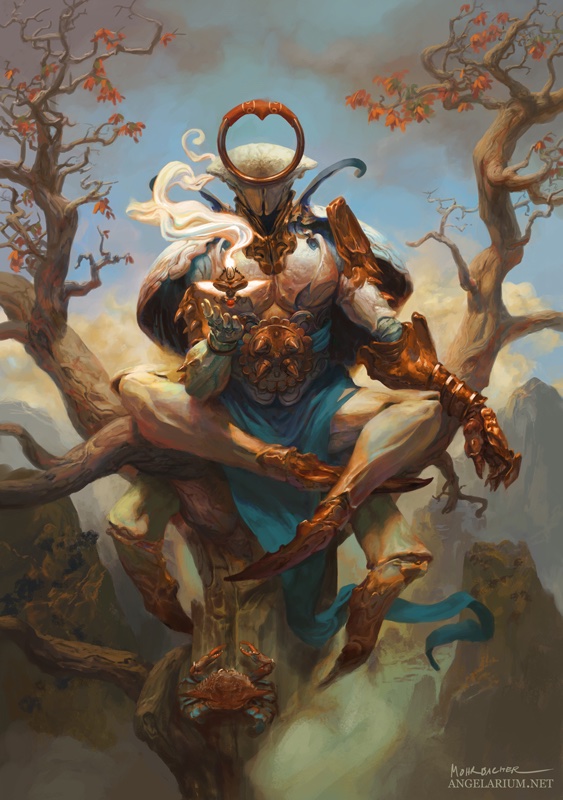 1_toe 4_legs big_muscles blue_bottomwear blue_clothing blue_loincloth bottomwear clothing knight loincloth looking_at_viewer male muscular muscular_humanoid muscular_male pecs sitting_on_tree solo warrior peter_mohrbacher angel humanoid 2024 detailed