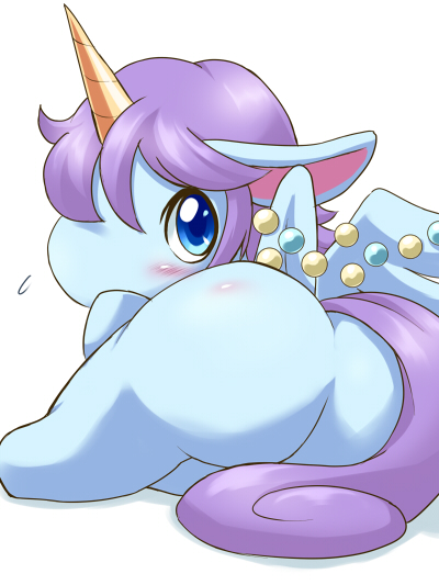 blue_eyes blush butt feathered_wings feathers female hair horn long_tail looking_back purple_hair simple_background solo tail white_background wings ukan_muri jewelpet mythology sanrio sega sega_fave opal_(jewelpet) equid equine mammal mythological_creature mythological_equine winged_unicorn