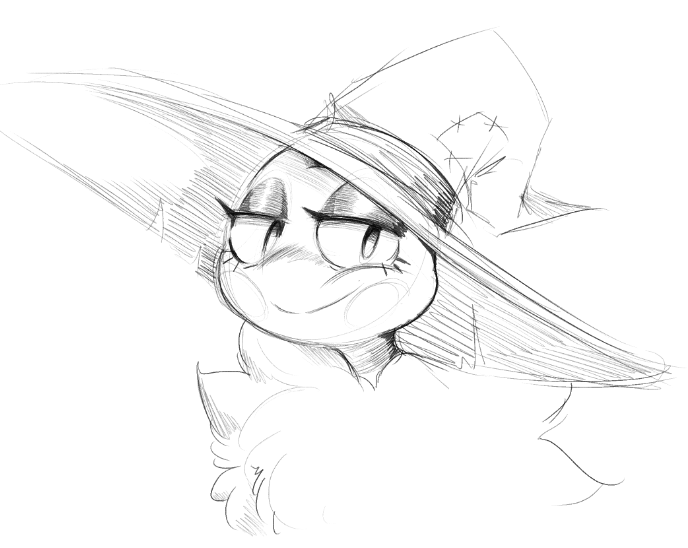 anthro blush blush_lines cheek_dots clothing female fluffy_clothing half-closed_eyes hat headgear headwear looking_at_viewer narrowed_eyes smug_grin solo witch_hat noirchaton4 grefina_(noirchaton4) amphibian frog tree_frog bust_portrait monochrome portrait