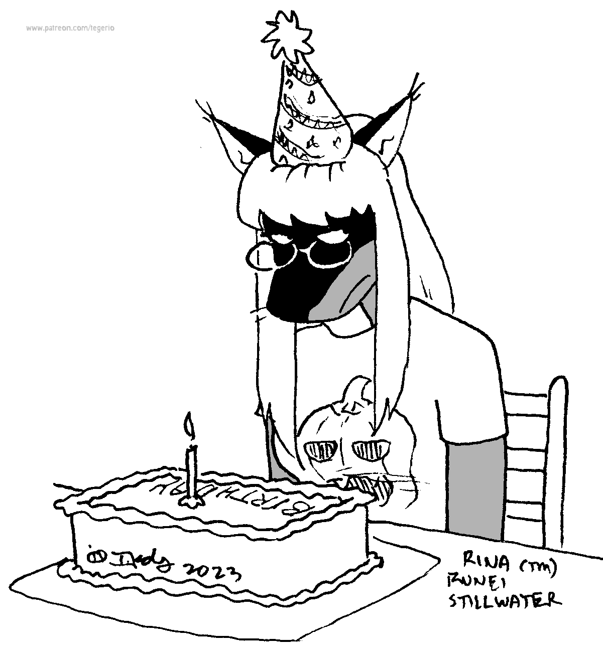 angry anthro birthday_cake birthday_candle cake clothed clothing dessert eyewear female food fur glasses hair hat headgear headwear party_hat solo text tegerio rina_(runei) canid canine fox mammal 2023 english_text greyscale hi_res monochrome