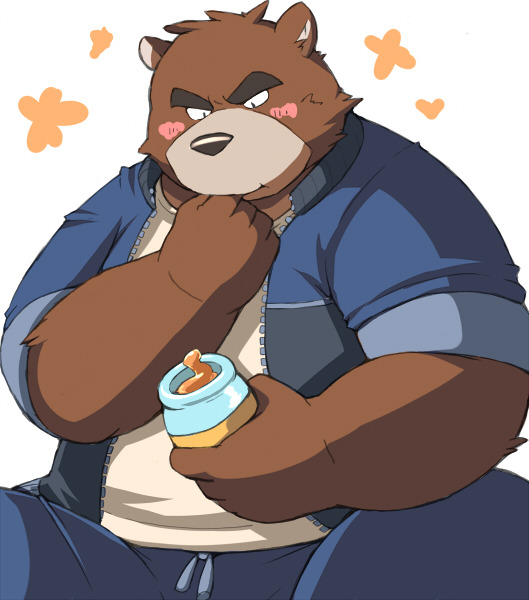 anthro belly biped blush bottomwear brown_body brown_fur clothing fur humanoid_hands male overweight overweight_anthro overweight_male pants shirt sitting solo topwear ayame42612 morenatsu juuichi_mikazuki bear mammal 2014