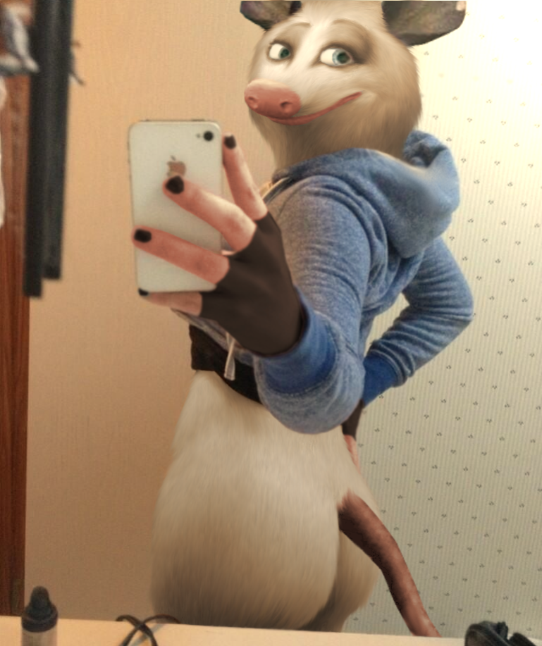 anthro anthrofied bottomless butt cellphone clothed clothing electronics female fingerless_gloves gloves handwear hoodie phone selfie smartphone solo tail topwear oystercatcher7 third-party_edit apple_inc. dreamworks iphone over_the_hedge heather_(over_the_hedge) american_opossum mammal marsupial virginia_opossum photo_manipulation photomorph