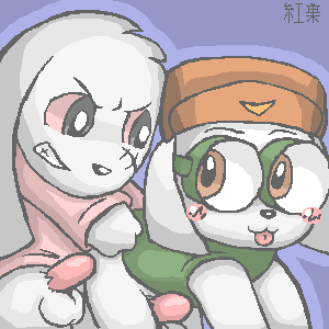 anthro balls blush bottomless cloak clothed clothing duo eyewear fur genitals goggles jacket jacket_vest male male/male penis red_eyes scar simple_background tongue tongue_out topwear vest white_body white_fur young young_anthro young_male momiji-kun cave_story jack_(cave_story) king_(cave_story) lagomorph mammal mimiga 1:1 digital_media_(artwork) low_res oekaki signature