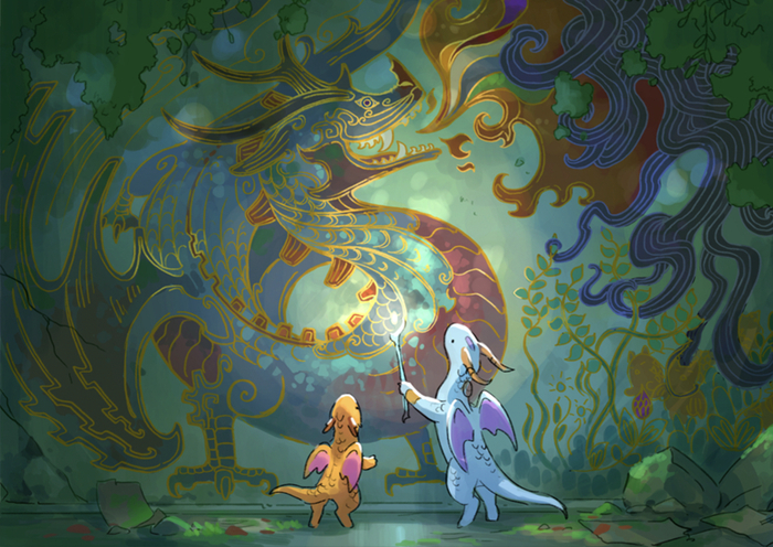 ambiguous_gender anthro chibi duo horn mural rock standing tail torch wings sandara flamecraft mythology dragon mythological_creature mythological_scalie scalie