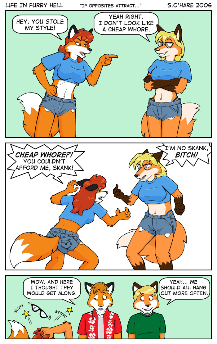 bottomwear clothing countershading daisy_dukes denim denim_bottomwear denim_clothing denim_shorts eyewear female fight glasses hotpants shorts text sean_o'hare alexandra_williams roland_guiscard trani canid canine fox mammal 2006 comic english_text