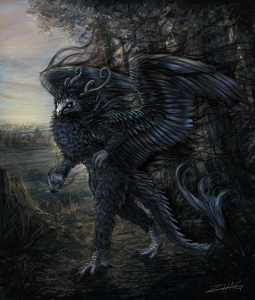 ambiguous_gender anthro beak biped black_body black_feathers cloud detailed_background feathered_wings feathers forest horn looking_at_viewer nature outside plant purple_eyes sky smoke solo standing tree tree_stump walking wings zhag avian monster dark_theme detailed