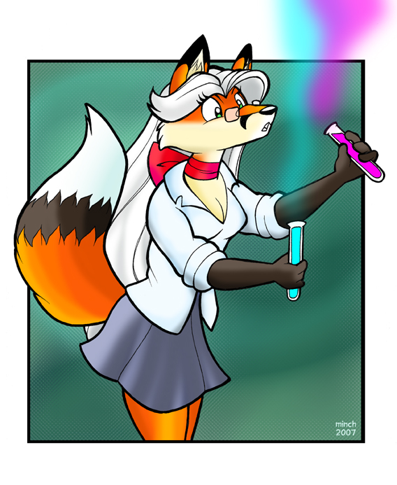 anthro border bottomwear breasts chemistry cleavage clothed clothing doing_it_wrong eyewear female glasses green_eyes hair laboratory_equipment laboratory_glassware school_uniform science scientific_instrument skirt solo tail test_tube uniform white_border white_hair young young_anthro young_female mary_minch marymouse canid canine fox mammal 2007