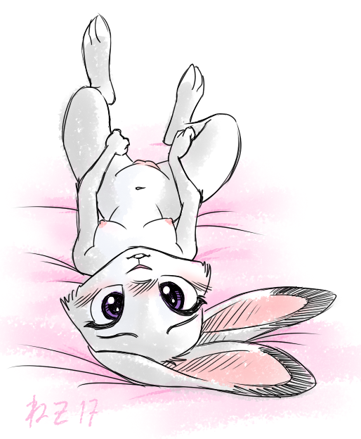 anthro belly blush breasts female fur genitals grey_body grey_fur looking_at_viewer lying navel nipples nude on_back purple_eyes pussy solo white_belly sankam disney zootopia judy_hopps lagomorph leporid mammal rabbit 2017