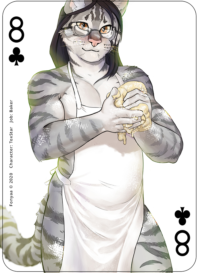 anthro baker black_hair card clubs_(suit) dough eight_of_clubs eyewear flour fur glasses grey_body grey_fur hair male playing_card playing_card_template slightly_chubby slightly_chubby_male solo stripes suit_symbol fonyaa toxstar_(character) domestic_cat felid feline felis mammal