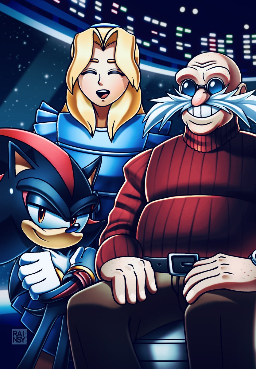 anthro black_body black_fur clothing eyewear female fur glasses gloves group handwear inside male smile tail trio rainsyart sega sonic_the_hedgehog_(series) gerald_robotnik maria_robotnik shadow_the_hedgehog human mammal hi_res