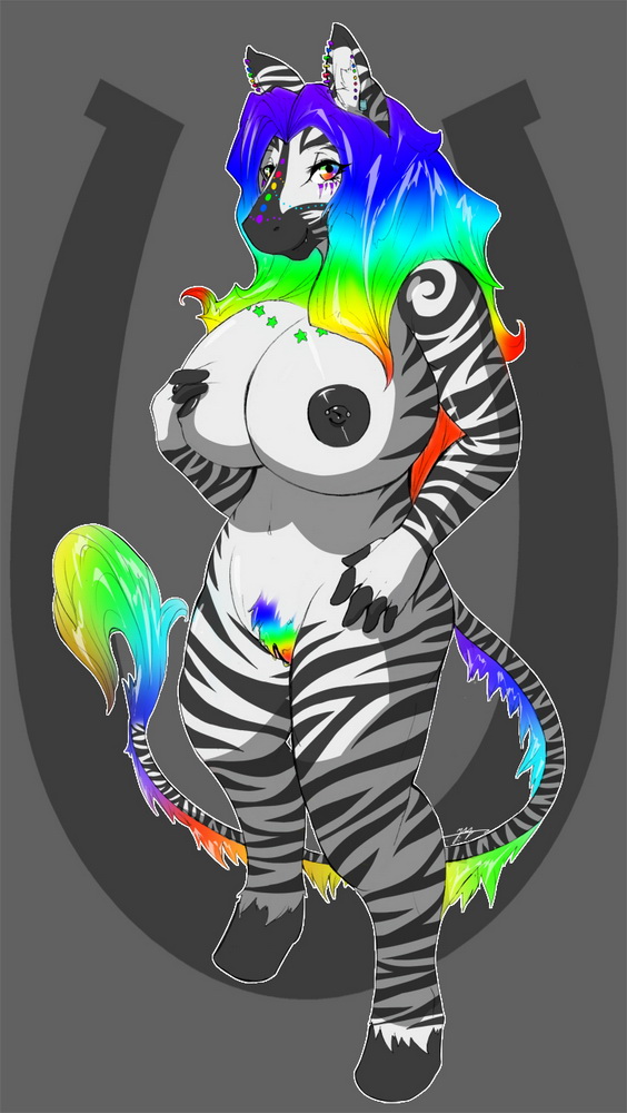 anthro big_breasts big_nipples biped black_markings black_nipples blaze_(marking) breasts ear_piercing facial_markings female female_anthro hair head_markings hooves huge_breasts long_hair looking_at_viewer markings multicolored_eyes multicolored_hair navel nipple_dip nipple_piercing nipples nude piercing pubes rainbow_eyes rainbow_hair smile solo sparklefur spots standing star stripes tail tail_tuft tuft white_body mirapony anailaigh canid canine canis equid equine hybrid mammal wolf zebra 2011 colorful_theme digital_media_(artwork)