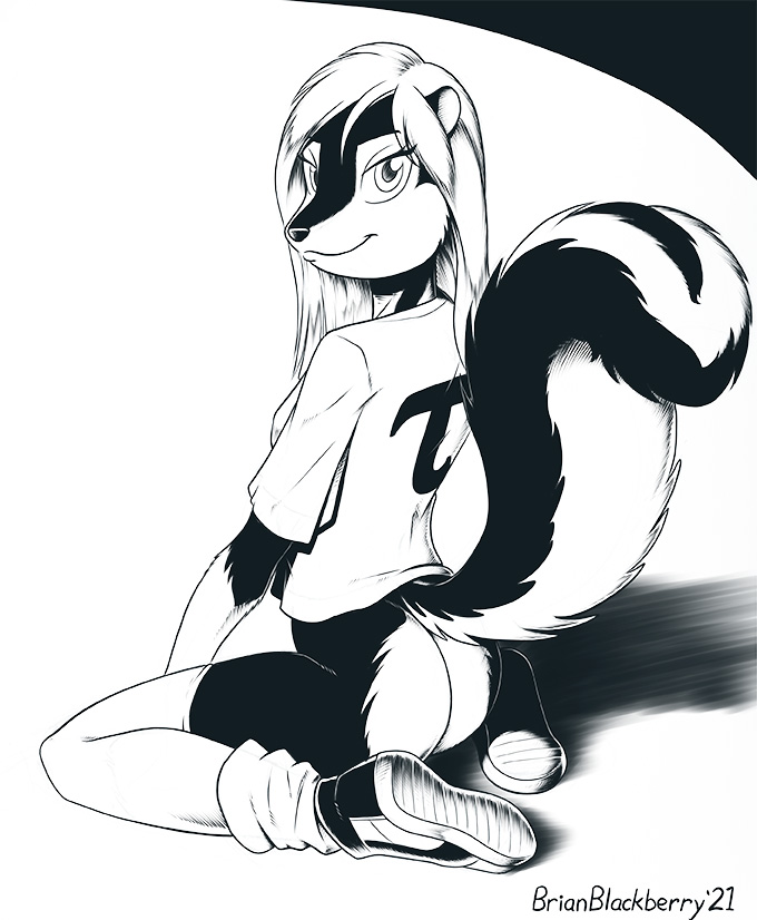 anthro bottomless bottomless_anthro bottomless_female clothed clothing female footwear ink looking_at_viewer looking_back shirt shoes socks solo t-shirt topwear brian_mcpherson vicki_(brian_mcpherson) mammal mephitid skunk black_and_white monochrome