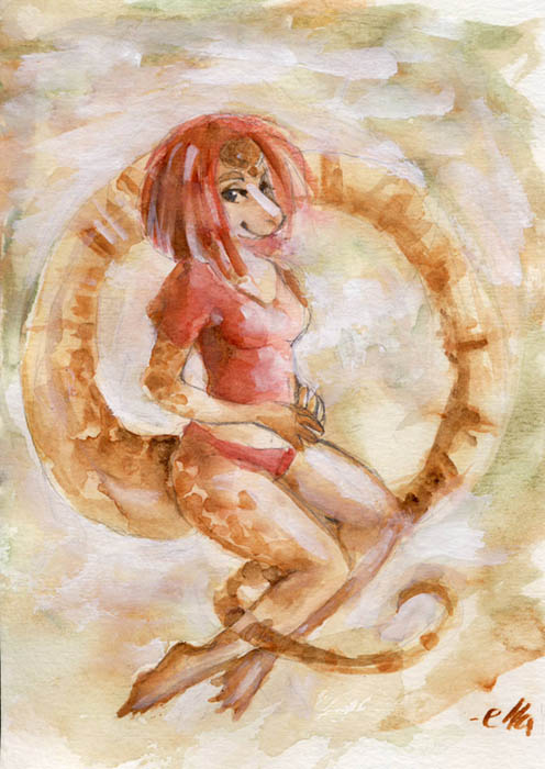 anthro bent_legs biped breasts butt clothing female hair legs_together long_tail looking_at_viewer navel non-mammal_breasts panties pose red_hair shirt sitting snout solo tail topwear underwear yokozuwari dodongo_(artist) sunder-lane lizard reptile scalie tegu teiid 2011 painting_(artwork) traditional_media_(artwork) watercolor_(artwork)