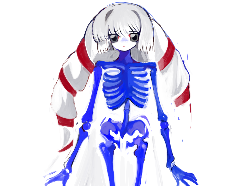 bangs blue_body blue_bone blunt_bangs bone female grey_hair hair not_furry rib_cage skeleton solo yogurt200 heartlovepowertemple rabbitmaiden_softworks iroja alien animated_skeleton humanoid undead venus_rabbit 4:3 official_art