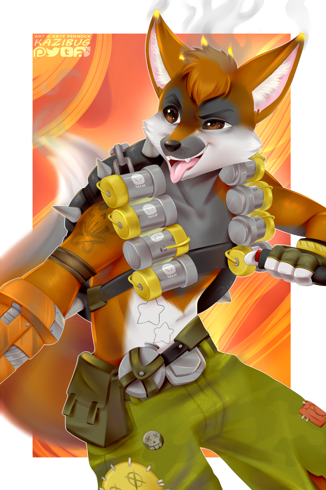 5_fingers anthro black_nose bottomwear brown_eyes clothing detonator explosives eyebrows female fingers flask grenade male open_mouth pants prosthetic prosthetic_arm prosthetic_limb smile solo teeth tongue tongue_out weapon kazibug blizzard_entertainment overwatch junkrat_(overwatch) canid canine mammal digital_media_(artwork)