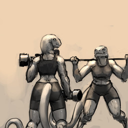 anthro athletic athletic_anthro athletic_female athletic_wear barbell bottomwear bra breasts clothing dumbbell duo exercise female gym_bottomwear gym_shorts long_tail muscular muscular_anthro muscular_female nipple_outline non-mammal_breasts shorts simple_background sports_bra sportswear tail thick_thighs underwear weightlifting weights workout meandraco lizard reptile scalie 1:1 hi_res