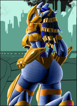 armor big_butt blue_body blue_hair butt city dreadlocks female green_eyes hair looking_at_viewer looking_back muscular muscular_female muscular_humanoid science_fiction simple_background solo thick_thighs wide_hips sk8th alien alien_humanoid humanoid absurd_res digital_media_(artwork) hi_res