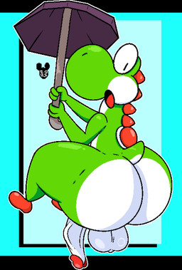 anthro balls big_butt butt flaccid genital_raphe genitals looking_back male multicolored_body nude open_mouth penis raphe_(anatomy) scrotal_raphe solo thick_thighs two_tone_body umbrella luanctoons mario_bros nintendo dinosaur prehistoric_species reptile scalie yoshi absurd_res hi_res