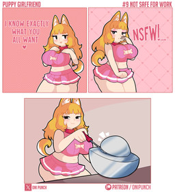 :3 bedroom_eyes big_breasts black_eyes blonde_hair bottomwear breasts clothing collar eyelashes female hair holding_object holding_screwdriver holding_tool huge_breasts long_hair looking_at_viewer midriff miniskirt narrowed_eyes pink_bottomwear pink_clothing pink_skirt screwdriver seductive skirt solo standing text thick_thighs tools onigiri_punch demon_core animal_humanoid canid canid_humanoid canine canine_humanoid dog_humanoid humanoid mammal mammal_humanoid absurd_res comic english_text hi_res