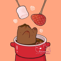 black_nose brown_body candy chibi chocolate chocolate_fondue dessert eyes_closed feral food fruit marshmallow micro paws plant solo strawberry shirokumani bear mammal 1:1 2021 hi_res