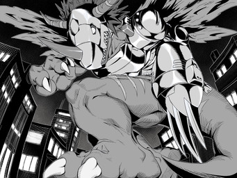 ambiguous_gender anthro armor city claws feet horn low-angle_view mechanical_arm metal muscular muscular_anthro scar solo tail wings sh1ron2 bandai_namco digimon digimon_(species) metalgreymon hi_res monochrome