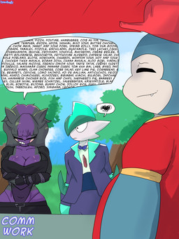 anthro big_breasts breasts dialogue female green_hair hair male male/female purple_body speech_bubble text kamino1 nintendo pokemon gallade generation_1_pokemon generation_4_pokemon generation_8_pokemon morpeko morpeko_(hangry_mode) pokemon_(species) snorlax 3:4 absurd_res english_text hi_res