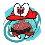 big_eyes close-up clothing facial_hair hat headgear headwear male mustache not_furry possession simple_background solo white_background dinggoob junkbag mario_bros metroid nintendo super_mario_odyssey cappy_(mario) alien animate_inanimate bonneter metroid_(species) monster 1:1 crossover