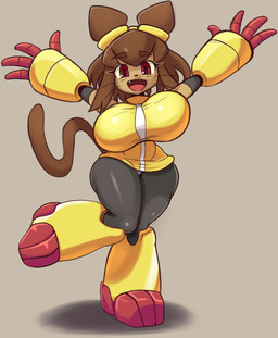 anthro big_breasts blush breasts clothed clothing female huge_breasts leggings legwear looking_at_viewer open_mouth smile solo standing tail whiskers ichduhernz gameoverse glitch_productions kit_bodega domestic_cat felid feline felis mammal 2026 hi_res
