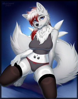 4_toes 5_fingers anthro back_spikes barefoot big_breasts biped black_border black_eyebrows black_markings black_nose blue_background blue_eyes border bow_panties bow_underwear breasts brown_clothing brown_leg_warmers brown_legwear butt butt_from_the_front claws closed_smile clothed clothed_anthro clothed_female clothing colored_edge_panties colored_edge_underwear countershade_arms countershade_butt countershade_fur countershade_hands countershade_legs countershade_neck countershade_tail countershade_thighs countershade_torso countershading crop_top dark_crop_top dark_legwear dark_panties dark_shirt dark_tank_top dark_topwear dark_underwear double_tomoe exposure_variation eyebrows feet female female_anthro finger_claws fingers fluffy fluffy_tail footprint front_view fur fur_markings fur_tuft glistening glistening_eyes gradient_background grey_body grey_claws grey_clothing grey_crop_top grey_ears grey_fur grey_panties grey_shirt grey_tail grey_tank_top grey_topwear grey_underwear hair highlights_(coloring) humanoid_hands inner_ear_fluff iris kneeling lace_panties leg_markings leg_warmers legwear light_body light_fur long_hair long_tail looking_at_viewer markings midriff mole_(marking) mole_under_eye monotone_clothing monotone_crop_top monotone_shirt monotone_tank_top monotone_topwear mouth_closed multicolored_body multicolored_clothing multicolored_fur multicolored_panties multicolored_tail multicolored_underwear navel neck_tuft outside_border panties pantsless pantsless_anthro pantsless_female pawprint pawprint_(marking) pose pupils purple_text red_clothing red_highlights red_panties red_underwear shirt simple_background smile smiling_at_viewer snout solo spikes spikes_(anatomy) tail tank_top text thigh_markings toeless_(marking) toes tomoe_(symbol) topwear translucent translucent_clothing translucent_leg_warmers translucent_legwear tuft two_tone_body two_tone_clothing two_tone_fur two_tone_panties two_tone_tail two_tone_underwear underwear white_body white_countershading white_fur white_hair white_inner_ear_fluff white_markings white_sclera white_spikes white_tail white_toes white_tuft kyotoleopard canid canine canis domestic_dog mammal 2022 absurd_res artist_name dated digital_media_(artwork) full-length_portrait hi_res portrait shaded