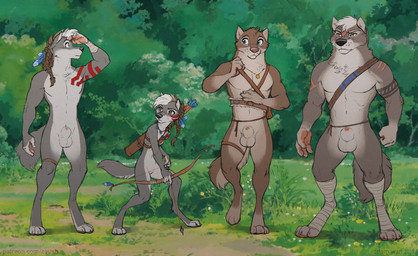 3_toes 4_fingers animal_genitalia anthro arrow_(weapon) balls black_nose bodypaint bow_(weapon) braided_hair breasts casual_nudity claws day detailed_background feet female fingers fur furclad genitals group hair larger_male male markings nipples nude outside paws penis penis_tip quiver_(object) ranged_weapon sheath size_difference small_breasts smaller_female social_nudity text toe_claws toes tribal tribal_markings weapon young young_anthro zaush tanta_(zaush) canid canine canis mammal wolf 2019 absurd_res digital_media_(artwork) hi_res url adult_(lore) daughter_(lore) father_(lore) father_and_child_(lore) father_and_daughter_(lore) parent_(lore) parent_and_child_(lore) parent_and_daughter_(lore)