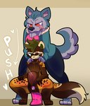 abdominal_bulge anthro assisted_sex bea_(woobest) big_dildo chastity_cage chastity_device dildo dildo_sitting dominant dominant_gynomorph dominant_intersex duo flat_chastity_cage gynomorph gynomorph/male intersex intersex/male licking licking_lips male markus_(woobest) penetration pushing_down sex_toy submissive submissive_male tongue tongue_out halfpricesouls canid canine canis coyote ictonychine mammal marbled_polecat mustelid musteline polecat_(mustelid) better_version_at_source hi_res