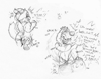 ambiguous_gender anthro butt_slap dialogue disembodied_hand duo eyebrows female nude nudist onomatopoeia slap sound_effects text kemotobi tabia_(kemotobi) kobold scalie 2019 english_text sketch