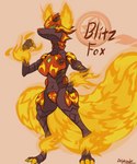 anthro claws digitigrade feet female fire flame_pattern flaming_tail looking_at_viewer solo tail text toes delphixander bakugan blitz_fox_(bakugan) canid canine fox generation_2_bakugan mammal absurd_res digital_media_(artwork) hi_res