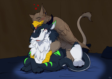 beak bed blush cuddling duo eyes_closed feathered_wings feathers feet feral fur furniture horn hug lying male male/male on_bed on_front paws pillow smile tail toes tongue tongue_out wings mcfan mythology avian dragon furred_dragon furred_scalie gryphon mammal mythological_avian mythological_creature mythological_scalie scalie digital_media_(artwork) hi_res