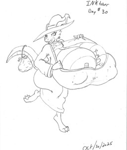 anthro between_breasts big_breasts biped breasts clothed clothed_anthro clothed_female clothing count day_count female female_anthro front_view halloween_bucket hat headgear headwear holidays huge_breasts hyper hyper_breasts nipple_outline non-mammal_breasts panties scales solo tail tail_under_skirt text top_heavy underwear upskirt ventral_scales walking witch_costume witch_hat vant_talon halloween inktober inktober_2025 kobold scalie 2025 black_and_white dated english_text hi_res monochrome pen_(artwork) traditional_media_(artwork)