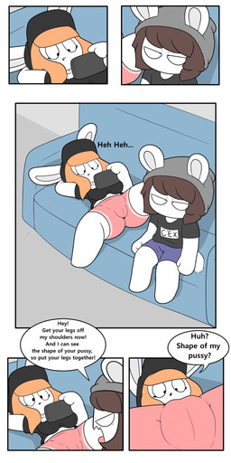 anthro beanie black_clothing black_hat black_headwear black_shirt black_topwear blue_bottomwear blue_clothing blue_shorts bottomwear breasts brown_hair camel_toe cellphone clothing dialogue duo electronics eyelashes female furniture grey_beanie grey_clothing grey_hat grey_headwear hair hat headgear headwear lying male on_back orange_hair phone pink_bottomwear pink_clothing pink_shorts ponytail shirt shorts sitting smartphone sofa speech_bubble spread_legs spreading tail text topwear tonytoran tina_(tonytoran) tony_(tonytoran) chinchilla chinchillid lagomorph leporid mammal rabbit rodent 1:2 absurd_res comic hi_res