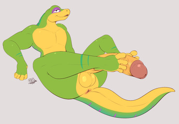 anthro anus autofootjob balls big_penis feet foot_fetish foot_play genitals looking_at_viewer male masturbation penis presenting presenting_penis sitting smile smiling_at_viewer solo brick_break_after_dark gex_(series) gex_the_gecko gecko lizard reptile scalie hi_res
