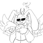 ambiguous_gender clothed clothing eyewear gesture hand_gesture horn pointing solo sunglasses wings lightdreamer fakemon pokemon_uranium yolotinger_(character) lagomorph mammal winotinger 1:1 monochrome