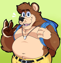 anthro backpack belly black_nose blue_eyes bottomwear brown_body brown_fur clothing fur humanoid_hands male moobs navel overweight overweight_male pants solo lewdookami banjo-kazooie rareware banjo_(banjo-kazooie) bear mammal 2022