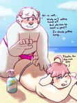 ahoge anthro aroused beach bikini_thong blep blush bodily_fluids bulge butt clothing cloud dialogue duo fur genital_fluids hair hot_dogging leaking_precum lotion lotion_bottle male male/male nipples obese obese_anthro obese_male overweight overweight_anthro overweight_male pink_hair precum rubbing sea sex spiral_eyes swimwear text thong tight_clothing tongue tongue_out underwear water white_body white_fur white_hair amanekiryuu echo_(calahootheyeen) joshie_(calahootheyeen) bear lagomorph leporid mammal polar_bear rabbit ursine english_text hi_res