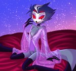 angelofhapiness anthro avian bed bird clothed clothing crossdressing demon digital_media_(artwork) dress feathers femboy fingers furniture helluva_boss hi_res male on_bed open_mouth owl owl_demon red_eyes ring sitting smile solo starampharos stolas_(helluva_boss)