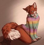 4_fingers anthro bedroom bottomless claws clothed clothing fingers fluffy fur green_eyes hoodie looking_at_viewer male multicolored_clothing rainbow_clothing red_body red_fur seductive snout solo tongue tongue_out topwear white_body white_fur ekbellatrix canid canine fox mammal watermark