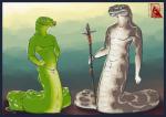 anthro apode brown_body brown_scales duo green_body green_eyes green_scales grey_eyes hands_on_hips legless male melee_weapon nude polearm scales serpentine solo spear weapon singingmagpie draconcopode green_tree_python morelia_(snake) naga python reptile rough-scaled_python scalie snake 2016