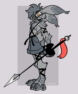 ankle_wraps anthro arm_wraps bottomwear cheek_tuft chest_tuft clothing digitigrade facial_tuft fingerless_gloves fur gloves grey_background grey_body grey_fur grey_hair hair half-closed_eyes handwear male melee_weapon multicolored_body multicolored_fur muzzle_(object) narrowed_eyes pants polearm simple_background snarling solo spear suspenders tuft two_tone_body two_tone_fur weapon wraps xing1 lagomorph leporid mammal rabbit absurd_res hi_res