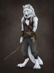 2023 4_toes 5_fingers anthro barefoot breasts canid canine canis clothed clothing deyvarah digital_media_(artwork) digitigrade feet female fingers fur hair mammal solo standing toes weapon white_body white_fur white_hair wolf